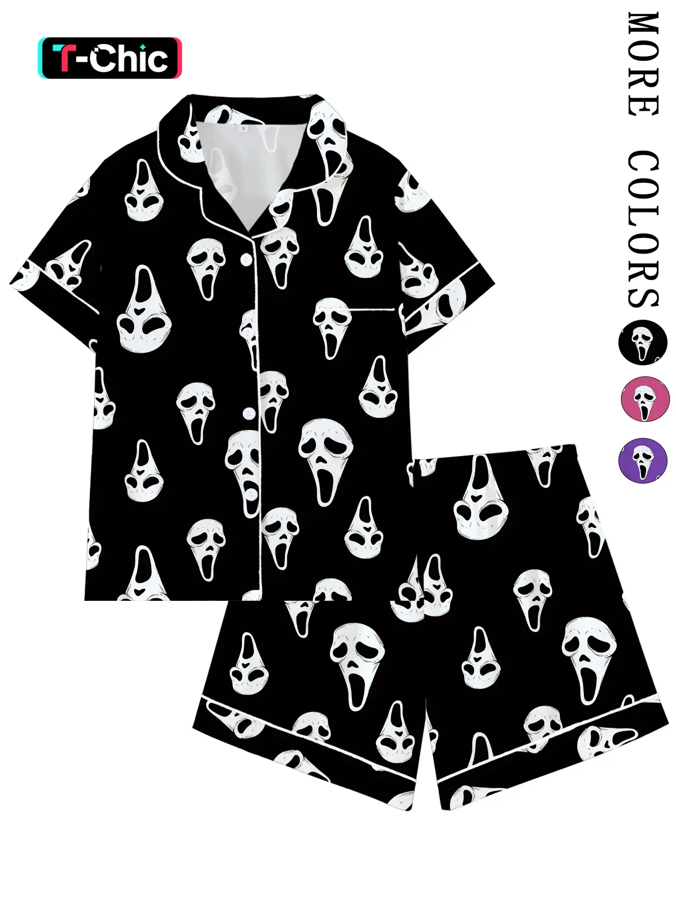 Y2K Horror Mask Pajama Set for Women, Ghost Print Sleepwear, Soft Short-Sleeve Button-Up Matching Loungewear, Fun Halloween 2-Piece, Dark Aesthetic