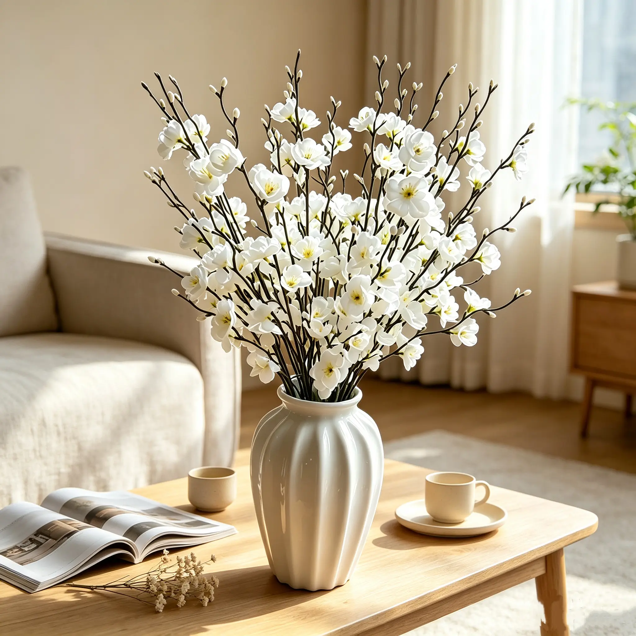 6/12/24Pcs 21.7in Long Stem Winter Artificial White Plum Silk Blossoms, Fake Wintersweet Plastic Faux Flowers for Home Decor, Party Decorations (Graduation, Engagement, Birthday, Western), Dorm Essentials (Vase Not Included), Graduation Party Decor, Engag