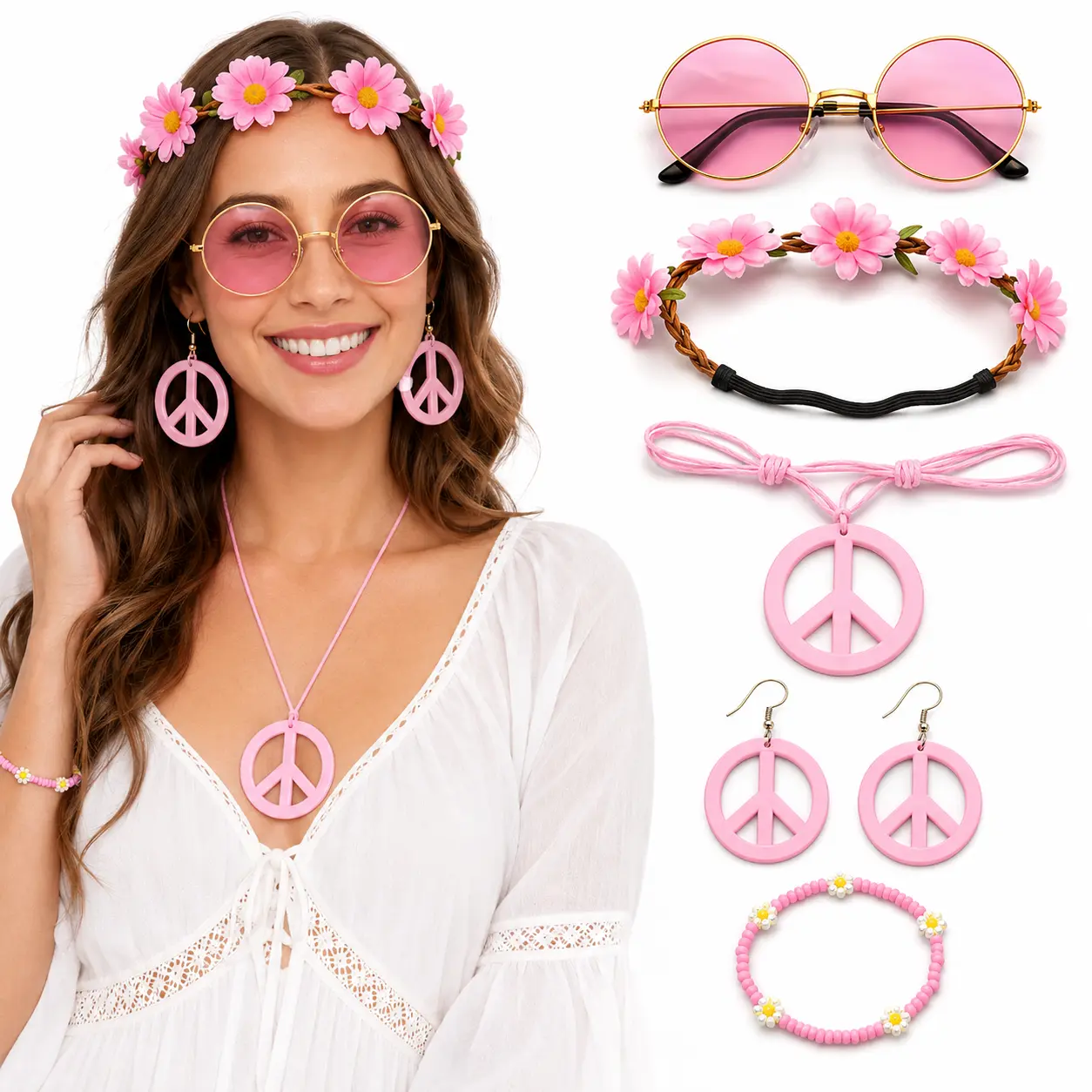 5PCS Hippie Costume Accessories Set, Retro All Seasons Party Wear for 60s & 70s with Plain Round Glasses, Flower Headband & Bracelet, and Peace Signs Jewelry, Tinted Lenses