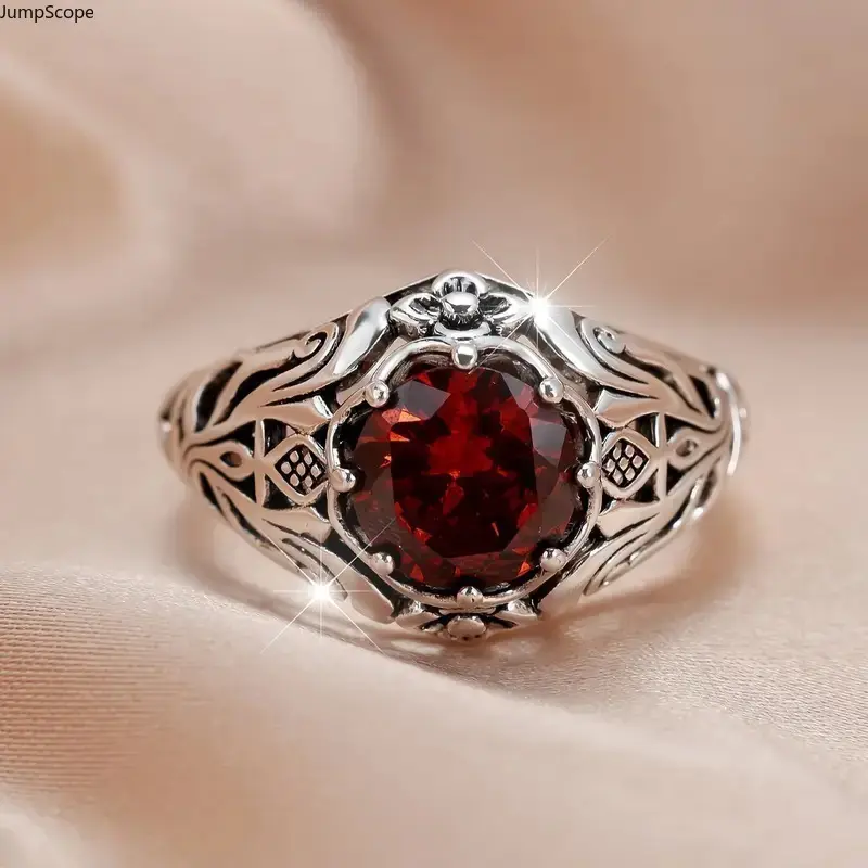 Retro Gothic Signet Ring with an Oval Red Garnet CZ, Carved Floral Filigree Oxidized Silver Band for Men and Women, Daily Wear Jewelry, Hollow Carve, Oval Shape, Rings, Unisex, Female, Vintage Ring, Artificial Gemstone Ring