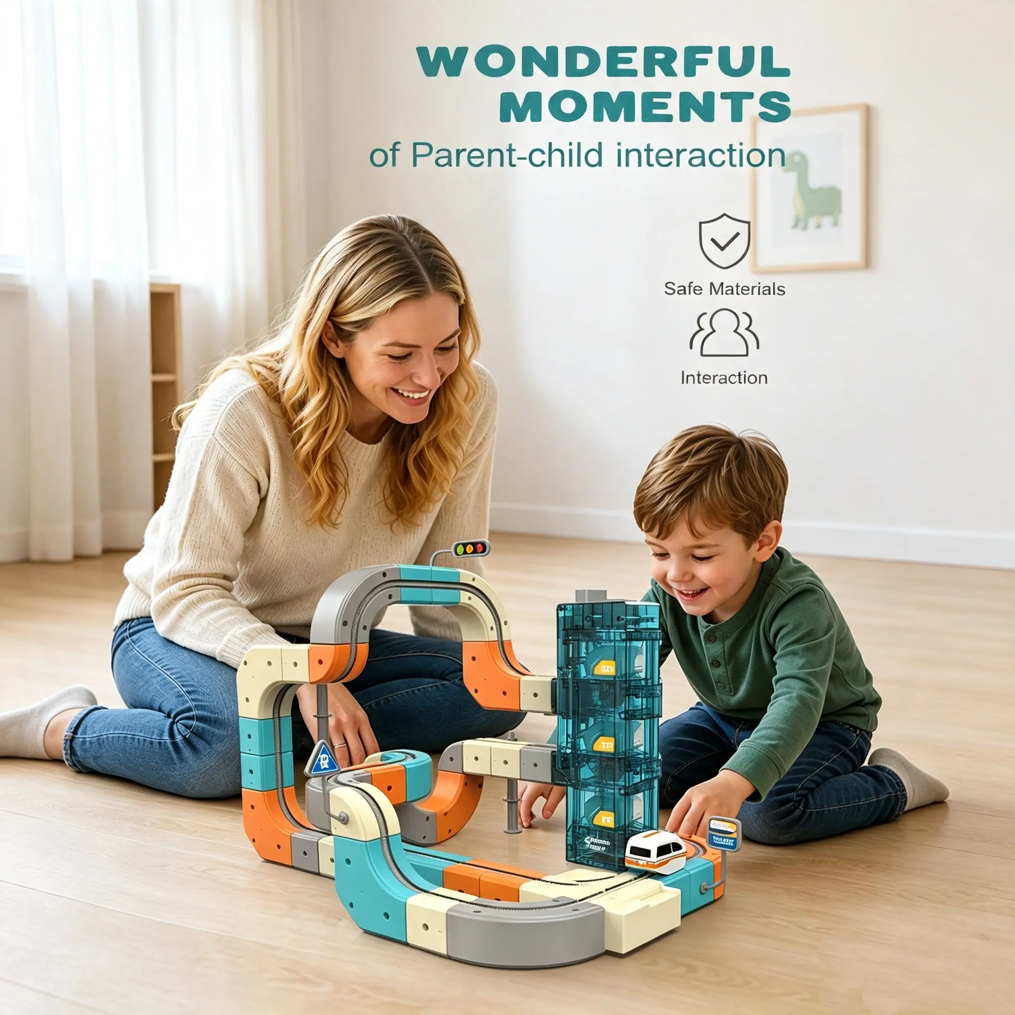 Electric Track Train Set-34/75/106 pcs of deluxe toy, including elevator, flexible track, anti-gravity parking lot, 3D embedded layout, electric cars, suitable for boys aged 6-8, STEM educational toy, transportation and cell learning gift, cool kids'gift.