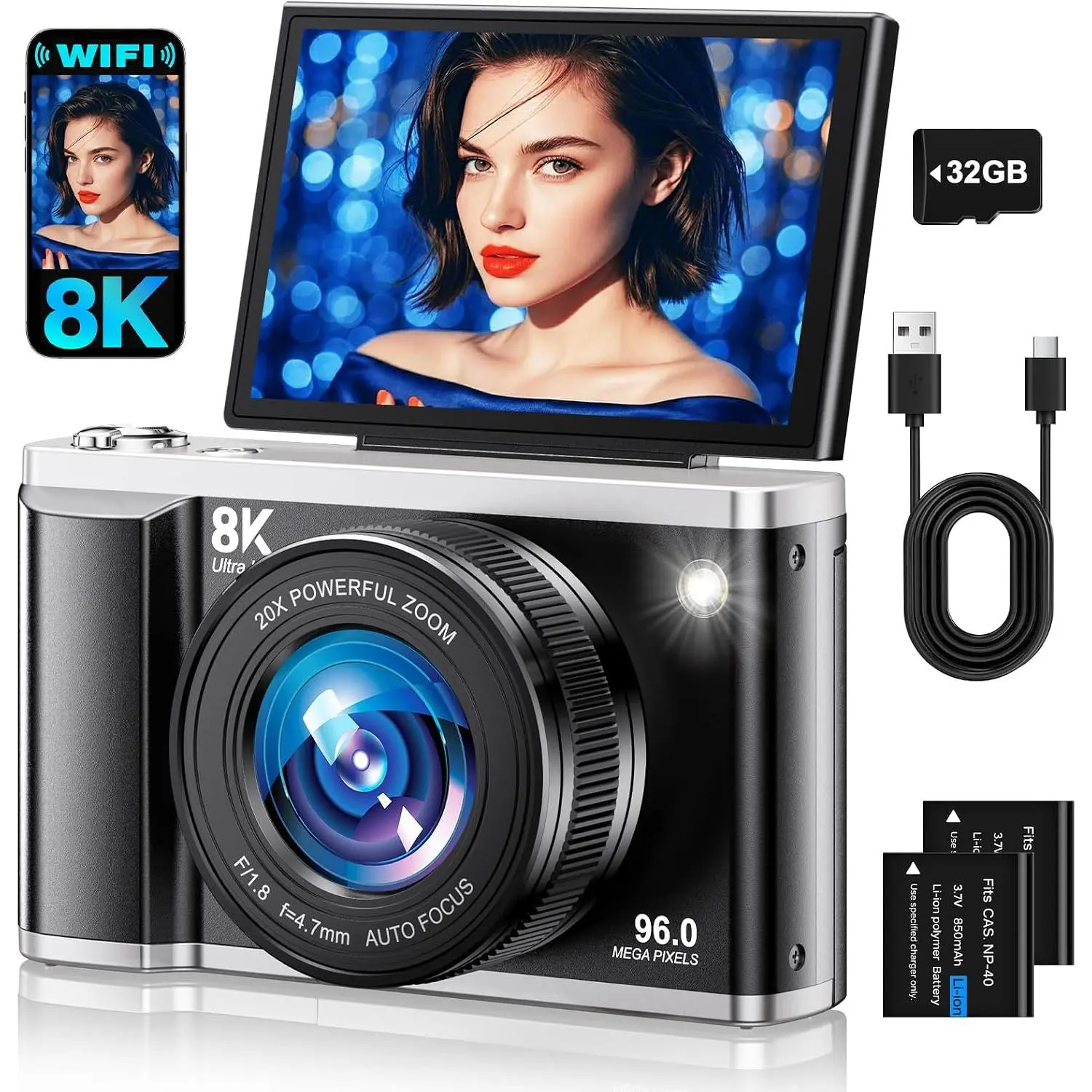 8K Digital Camera for Photography with WiFi 96MP Autofocus Vlogging Camera for YouTube Video 3.5'' 180°Flip Screen 20X Zoom Anti-Shake Compact Point and Shoot Cameras for Beginner Creator with SD Card
