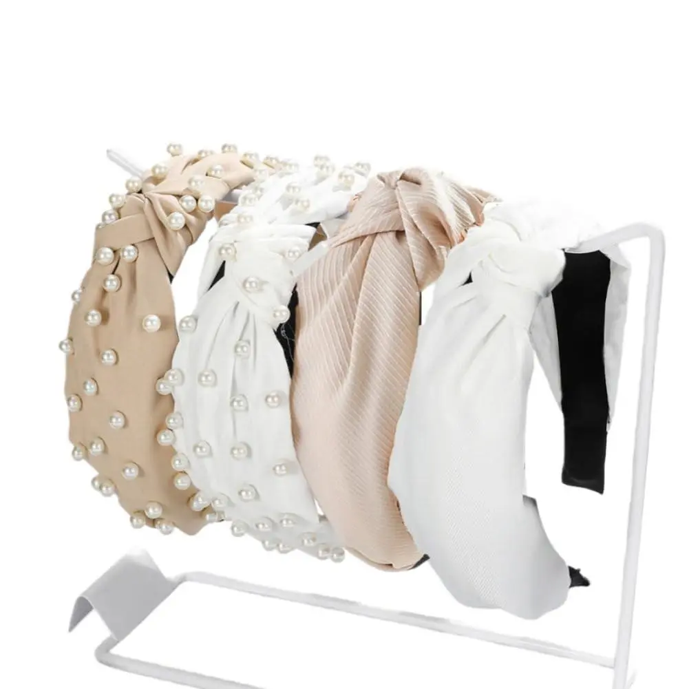 4Pack Knotted Headband for Women Checkered Flower Printed Headbands Top Knot Non Slip Beaded Headband Set Solid Color Wide Knotted  Bands for Women's Hair (Beige Brown)