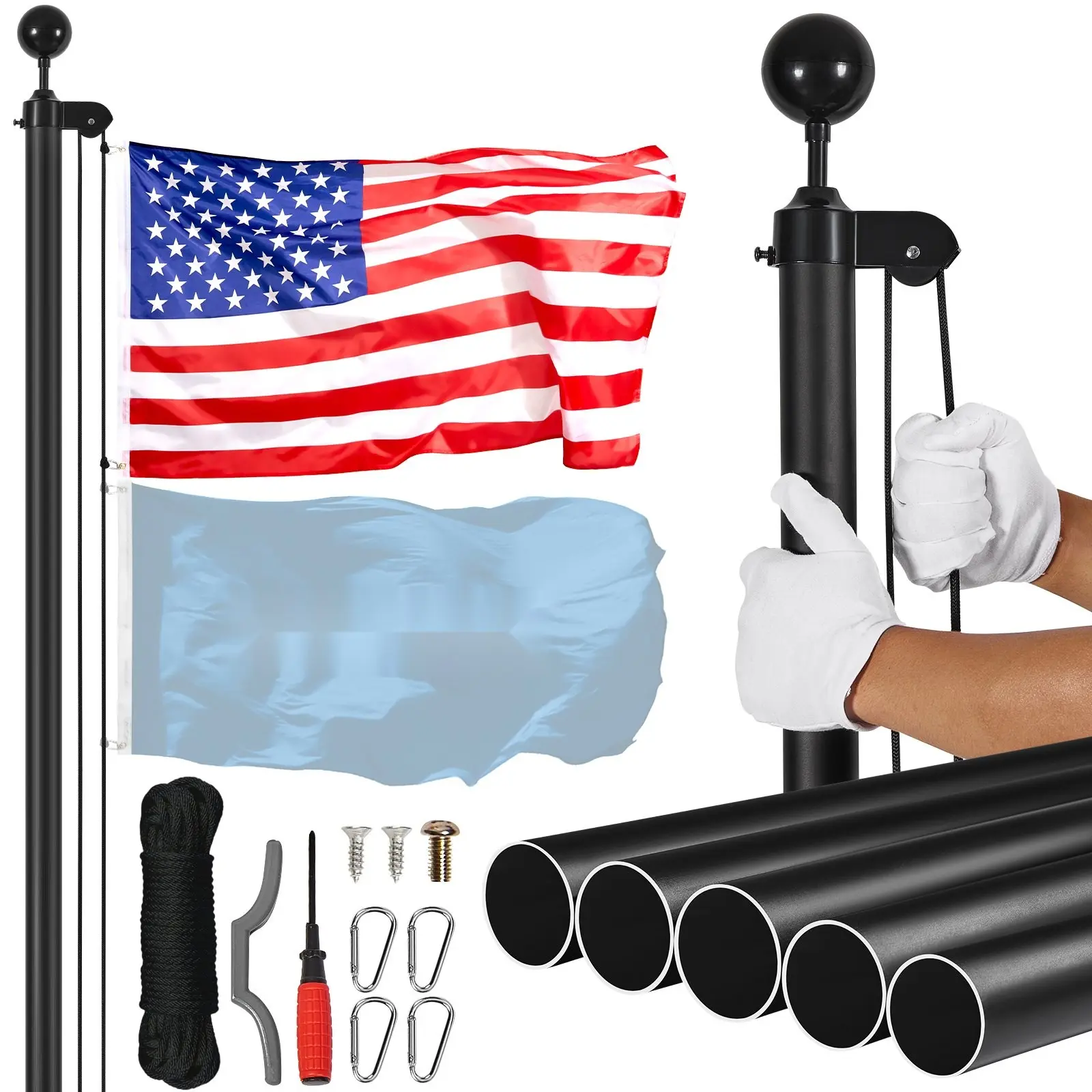 25 Ft Detachable Flagpole Kit, Heavy Duty Aluminum Flag Pole, Black Finish, Outdoor Weather Resistant Flagpole System With Telescoping Sections, Easy Assembly, Ideal For American Flags And Home Or Garden Display