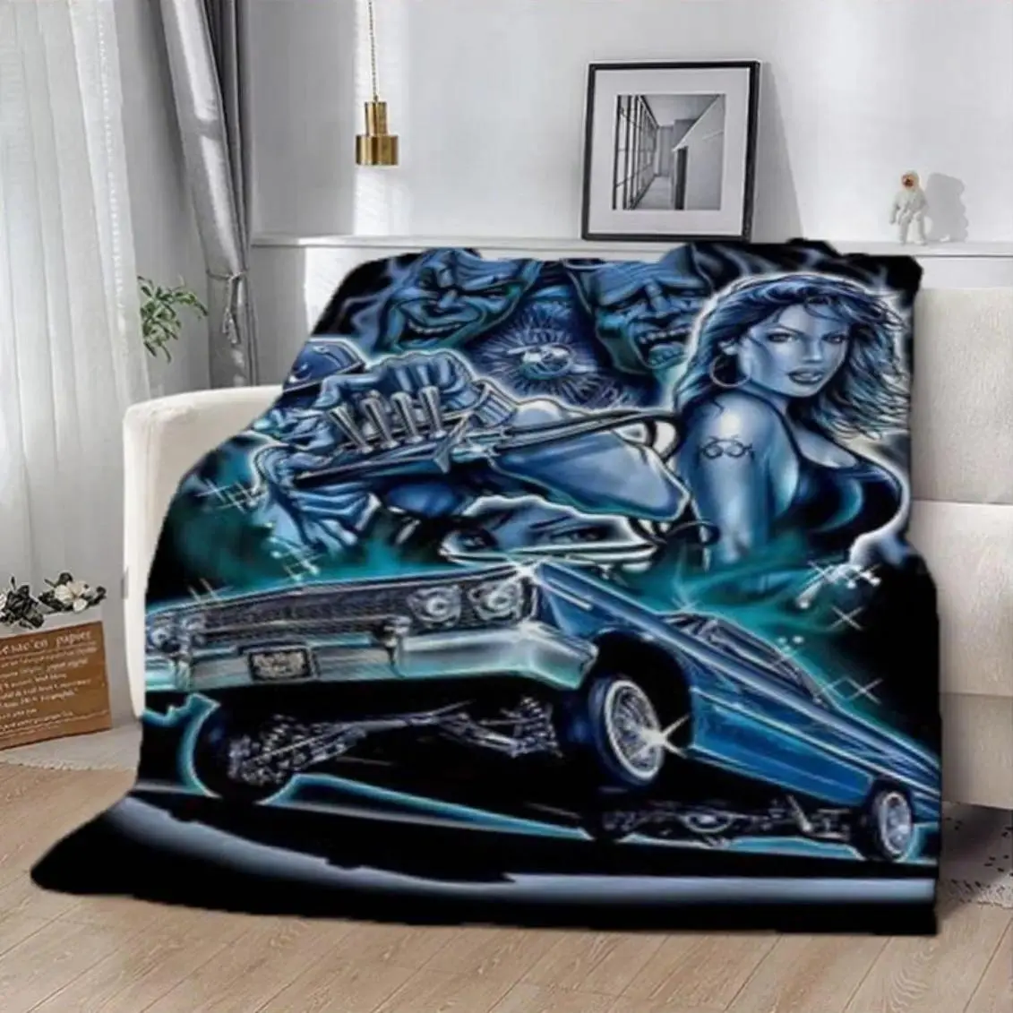 Vintage Classic Car Themed Flannel Blanket - 1-Piece Soft Warmth Bedding for Adults, Chicano Lowrider Illustration Throw, Warm Haven Textiles Gift for Car Enthusiasts