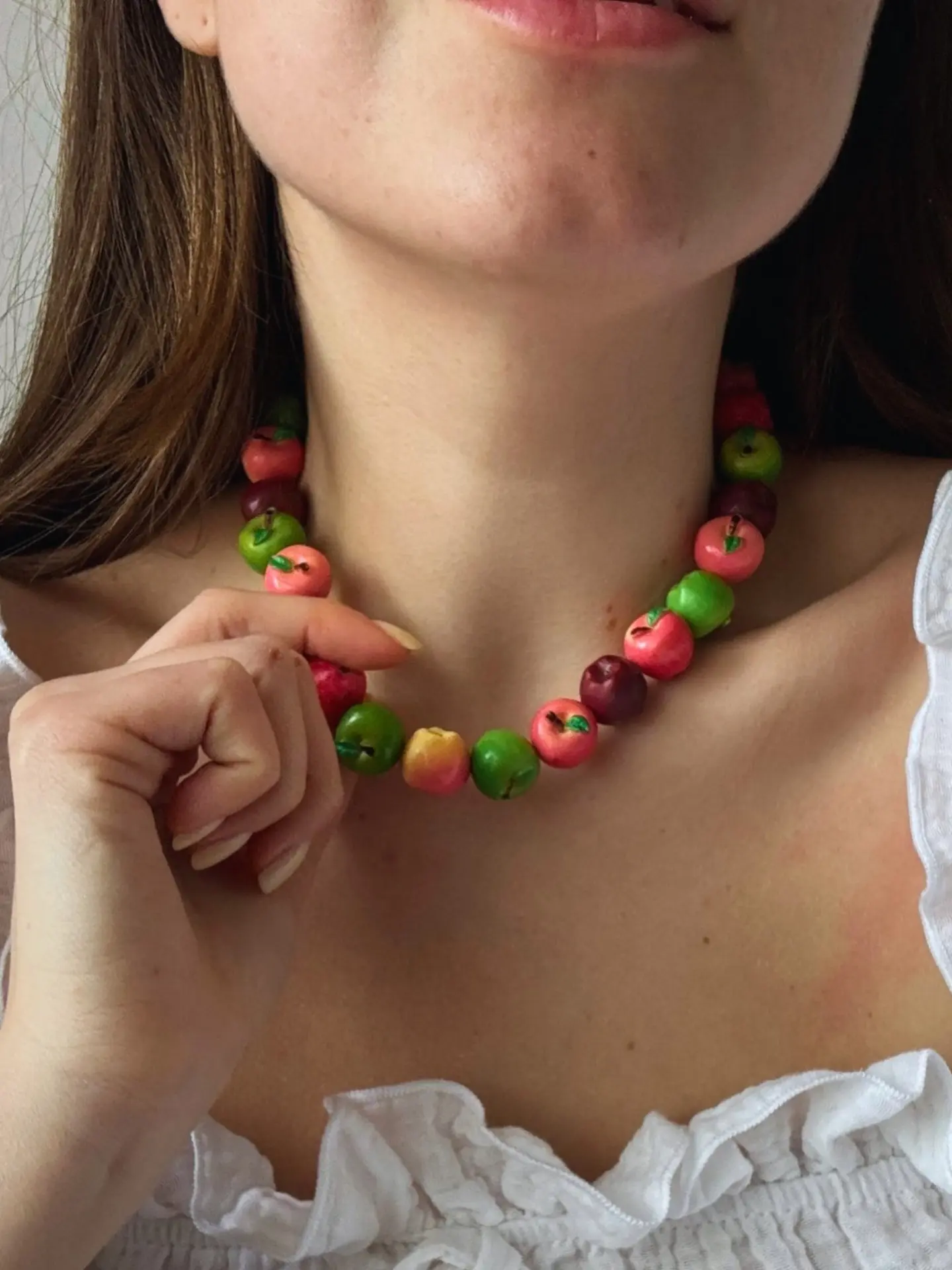 3D Multicolor Apple Bead Choker Costume Jewelry Necklace, Hand-Painted Gradient Resin Beads, Adjustable Lockbone Chain, Cottagecore Style