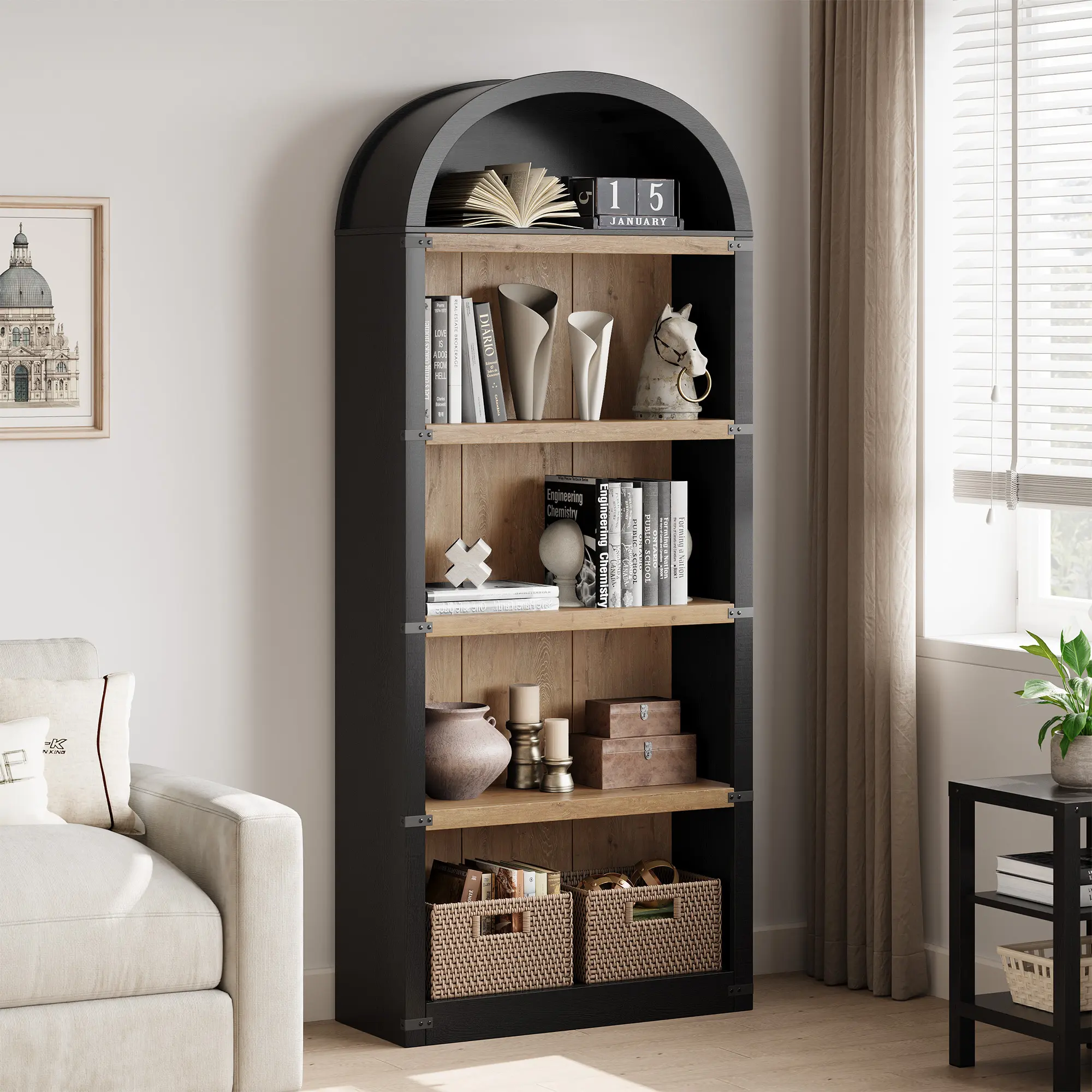 Farmhouse Arched 5-Tier Office Bookcase Cabinet - 71.65" Tall Wooden Bookshelf - Ideal for Home, Living Room, Bedroom