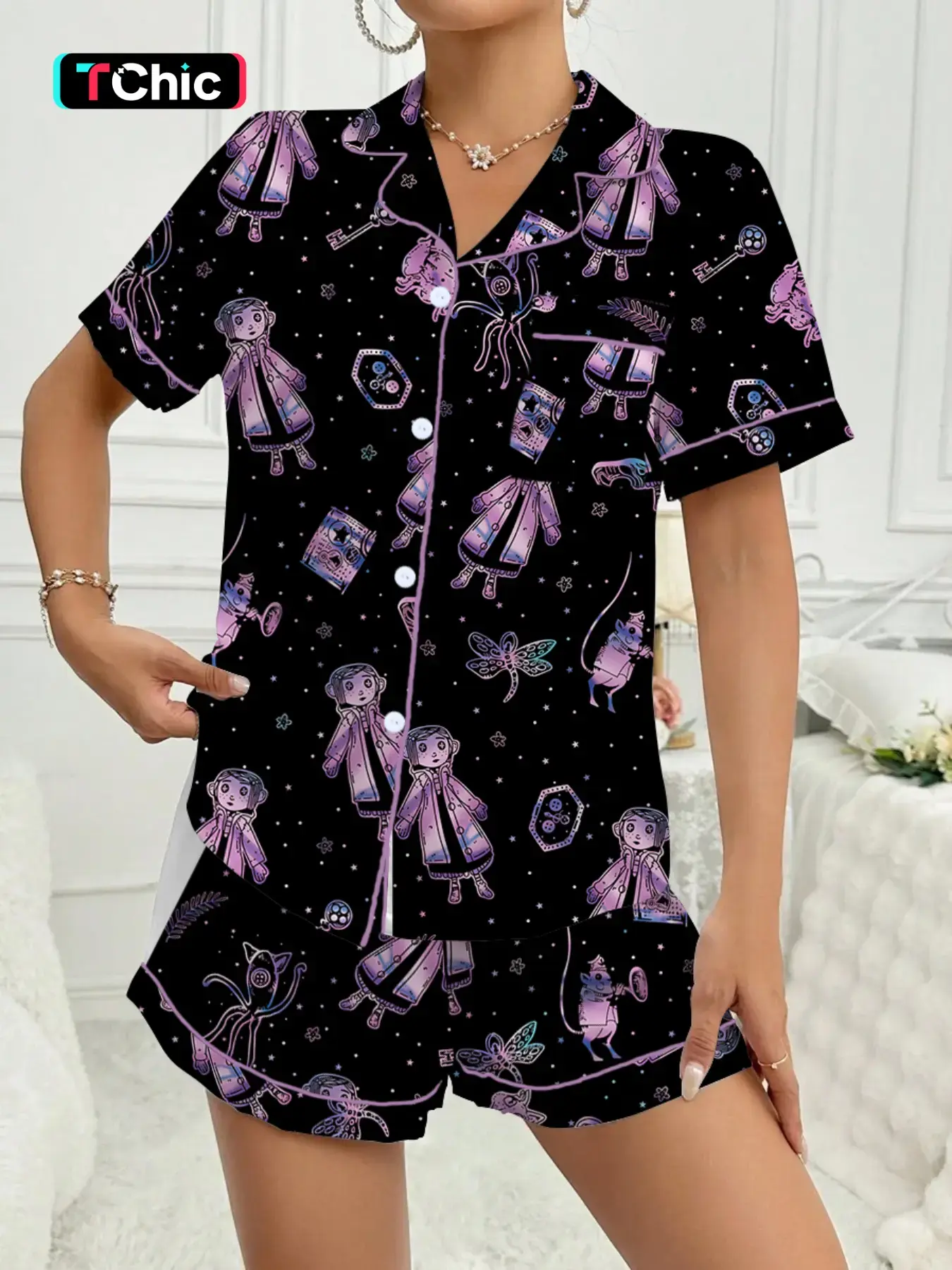 Ladies Coraline Print Short Sleeve Pajama Set, Comfortable Soft Sleepwear and Loungewear, Cute Fit Pjs for Summer