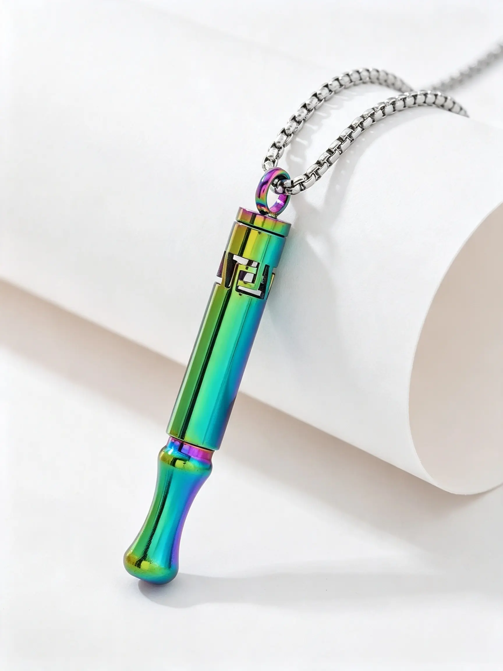 Vintage Geometric Detachable Aromatherapy Whistle Pendant Necklace, Mindfulness Meditation Breathing Necklace, Multi-Fruit Cotton Scent Filters Included, Classic Daily Wear Jewelry, Christmas Holiday Gift, Stainless Steel Chain Necklace