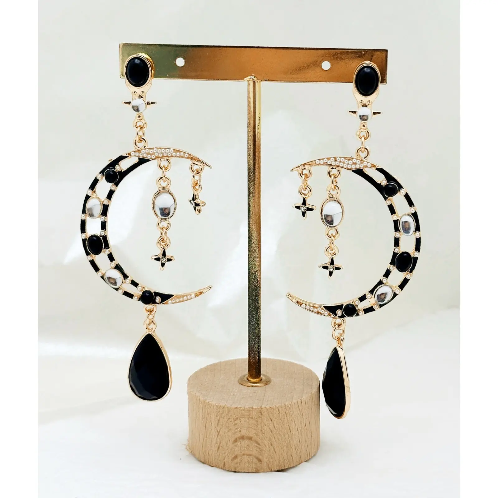 Women's Gothic Hypoallergenic Earrings Set - Moon-Star Long Drop Dangle Studs, Black Teardrop Crystal, Vintage Gold-Tone Enamel Crescent Rhinestone, Witchy Boho Halloween Party Gift
