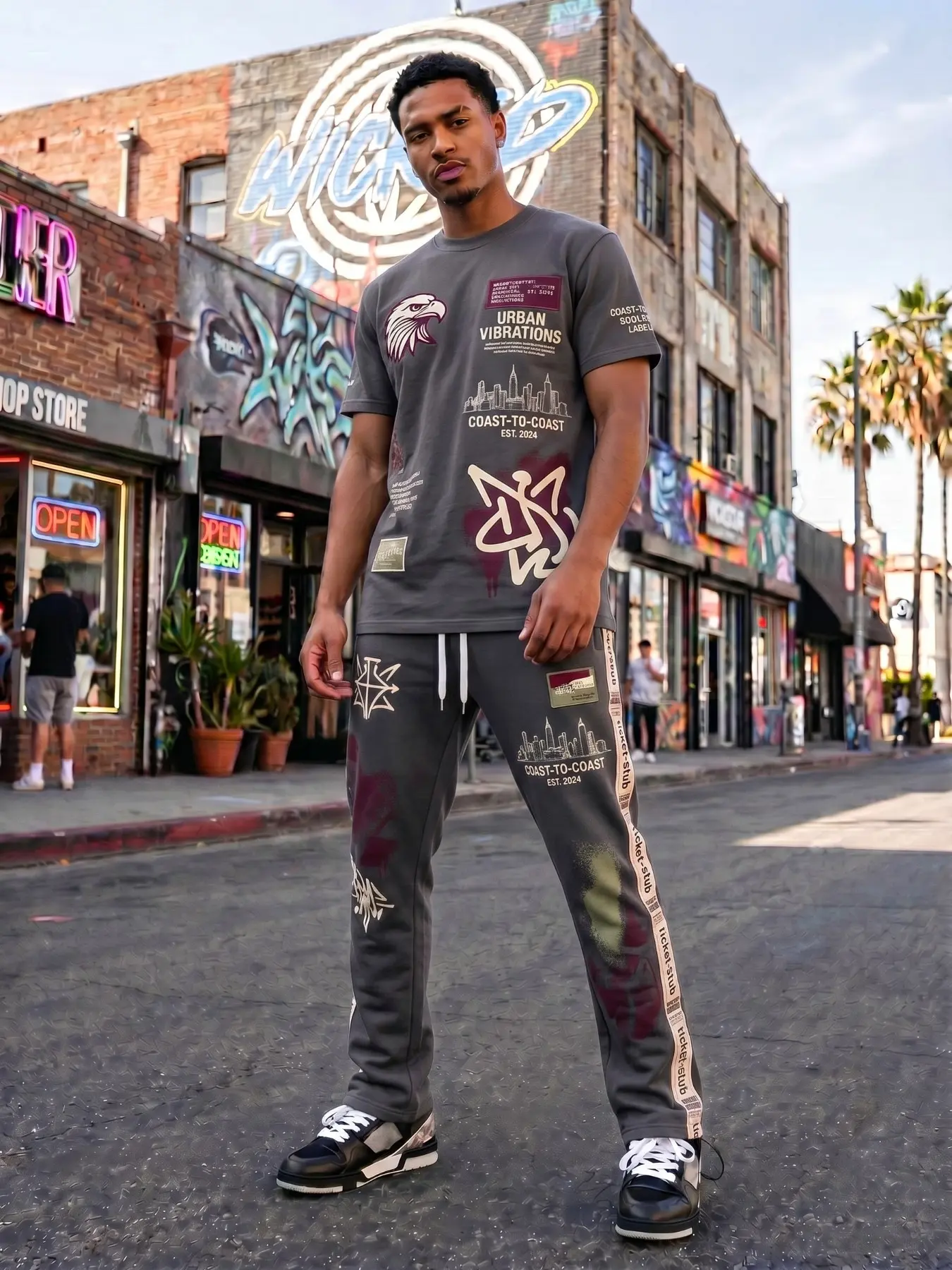 Men Dark Grey Coast To Coast Eagle Graffiti Tag 2 Piece Tracksuit, Urban Street Hip Hop Short Sleeve Matching Outfit, Skater Vintage Curved Blade Sweatpants Set