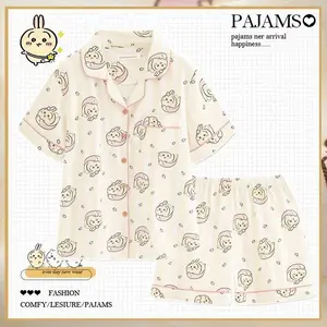 Anime Chiikawa Sleepwear Pure Cotton Home Wear Hachiware Short Sleeved Shorts Pajama Set Usagi Sweet Nightwear Festival Gift