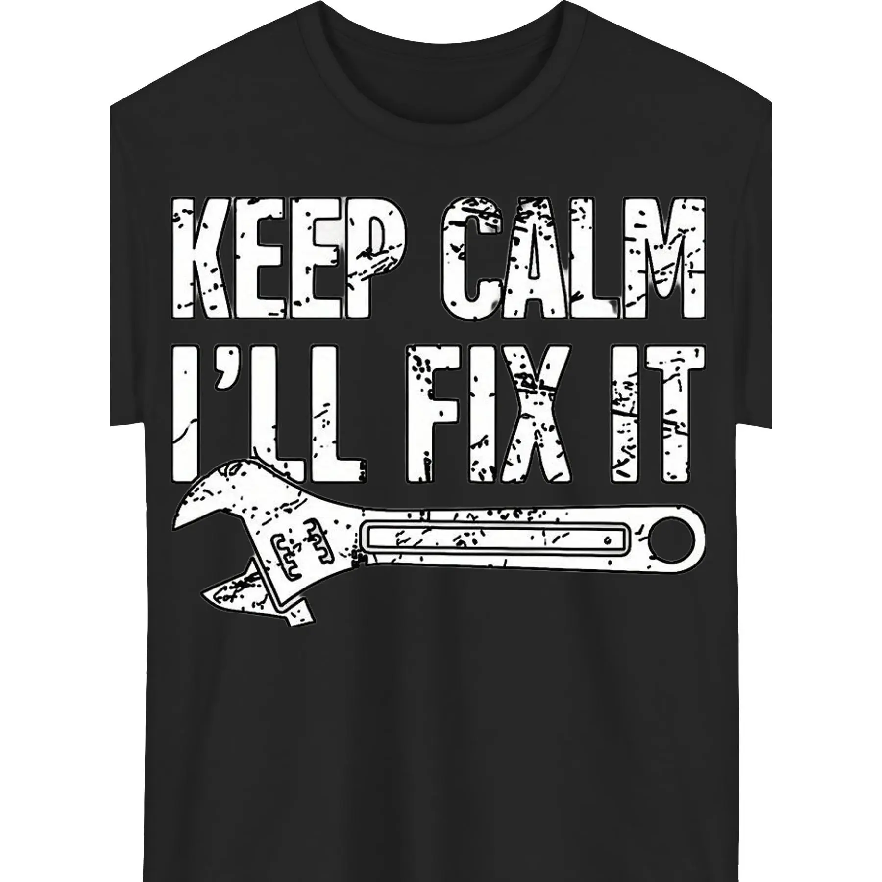 Keep Calm, I'll Fix It - Wrench Graphic T-Shirt for Men, a casual summer tee with a 'Keep Calm, I'll Fix It' print, perfect for mechanics and DIY enthusiasts. Made from soft fabric, with a regular fit.
