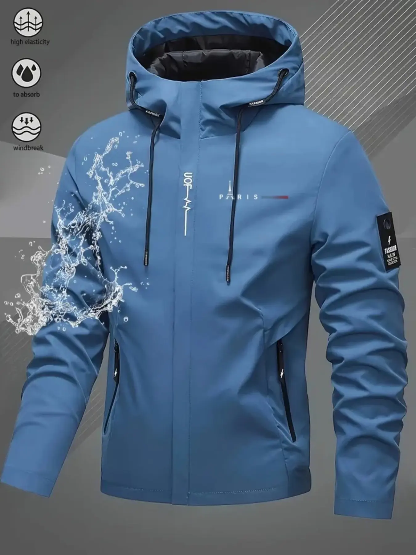 Men's Paris Eiffel Tower Print Windproof Waterproof Hooded Jacket, Four-Season Outdoor Hiking Shell Coat, Loose Fit, /
