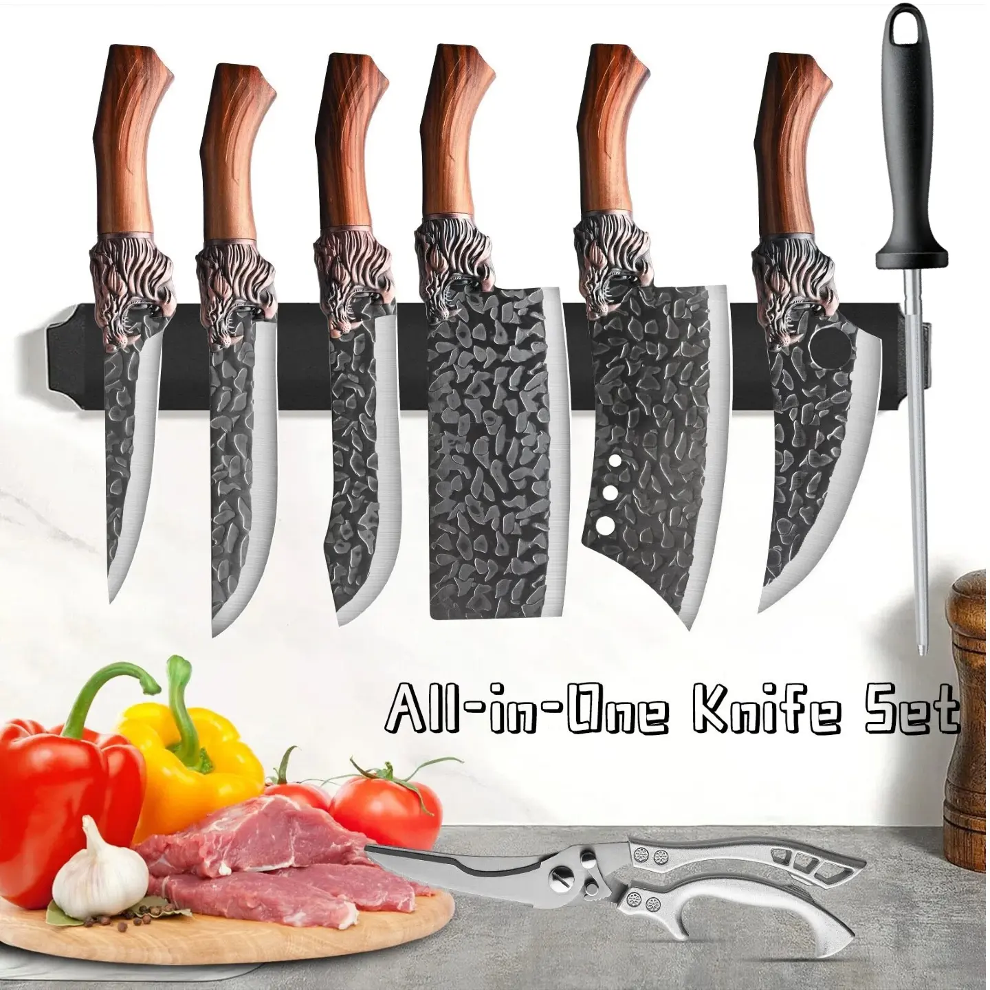 7-piece set, free sharpening stick, hand-forged knives, professional kitchen chef knife set, stainless steel chef knife, multi-purpose knife, boning knife, fish knife, butcher knife, kitchen scissors, super sharp boning scissors