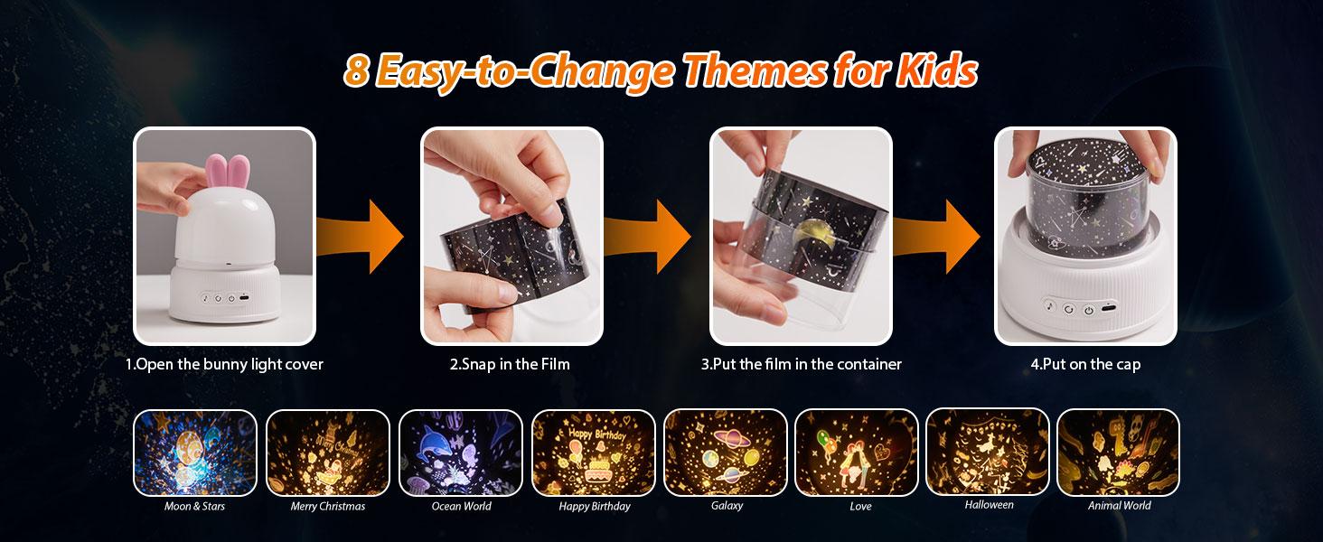 Night Light, Cute LED Lamp with Remote, Silicone Nursery Night Light for Kids, Slicone Rechargeable Bedside Lamp with 8 Themes and 8 Chimes, Funny Rotatable Decor for Kids, Girls, Pink