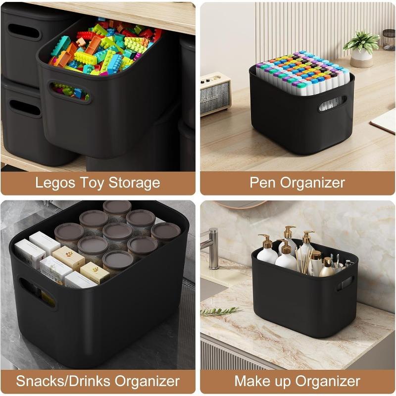 8 Pack Black Storage Bins with Lids Stackable Storage Container for Organizing Black Storage Boxes with Handle for Shelves Cute Organizer Bins for Craft Snacks 9.85x6.9x5.7 inch