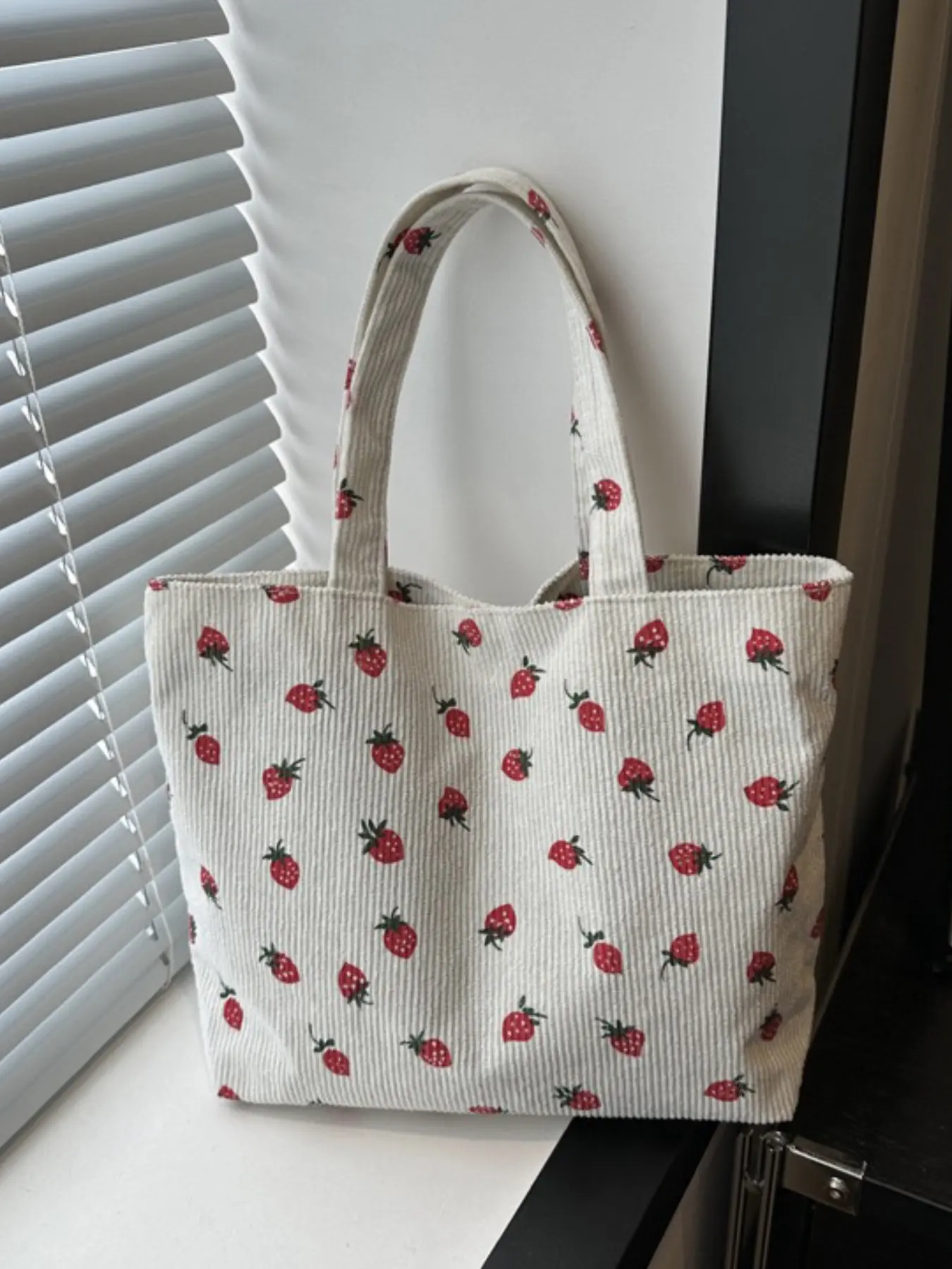 Strawberry Print Handbag Cute Style Shoulder Bag for Women, Fashionable Corduroy Multi-Functional College Style Shopping Tote for School and Daily Use