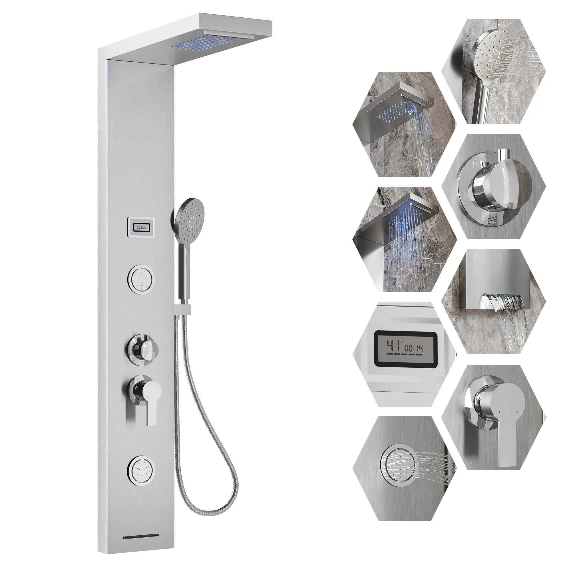 Garvee Shower Panel 304 Stainless Steel with Powered LED Light & Temperature Display, 3-Function Handheld, Brushed Finish Wall Mounted Rainfall Shower System for Bathroom (Model 9266)