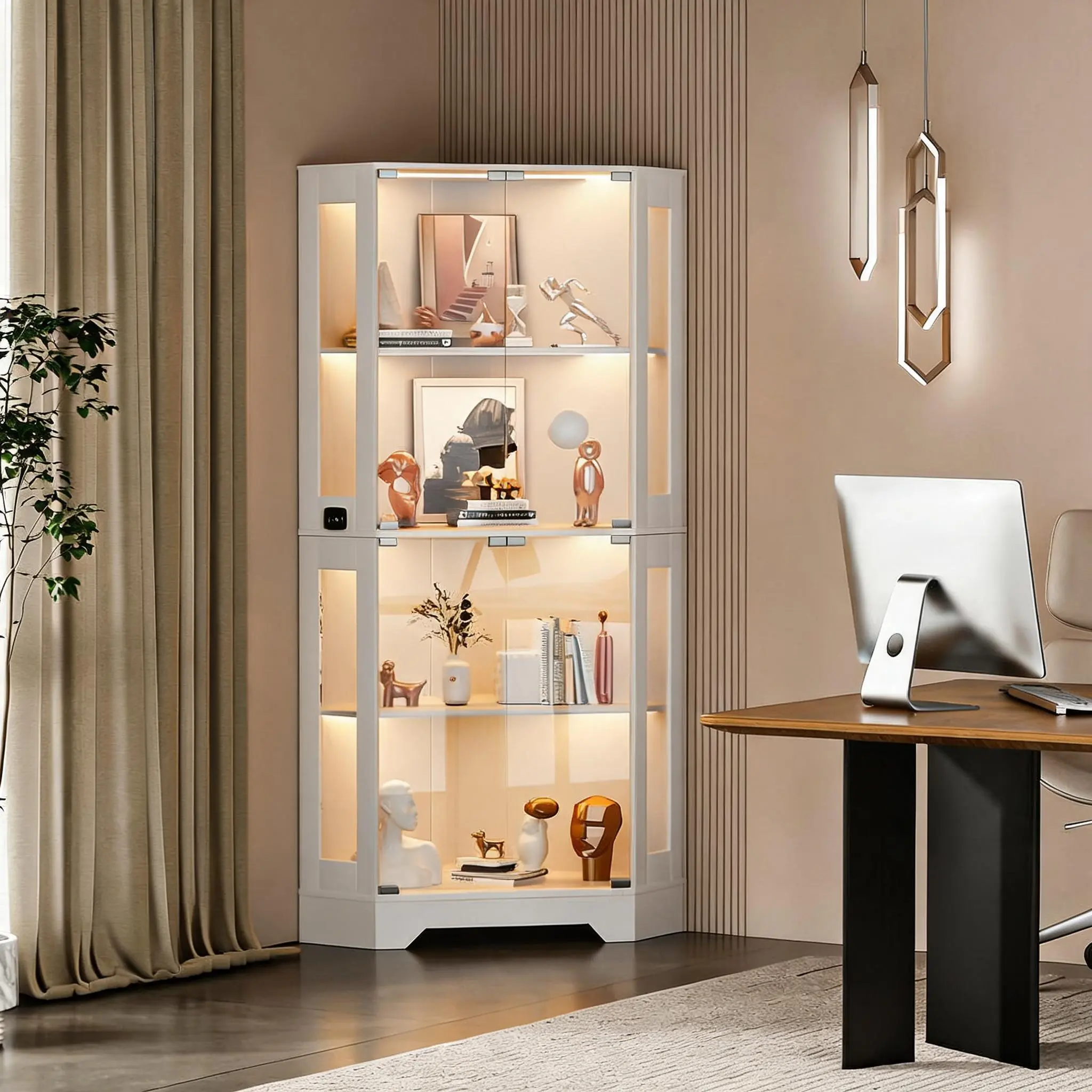 Modern LED Glass Corner Display Cabinet for Dining Room – Detector Shelves, Glass Doors, Curio Storage for Collectibles, Books, Decor – 65-Inch Showcase