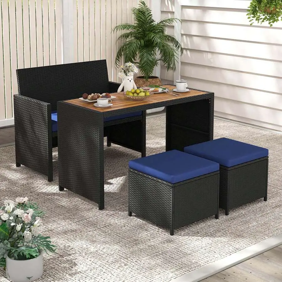 4 PCS Outdoor Dining Set Rattan Loveseat Chair & 2 Ottomans Blue