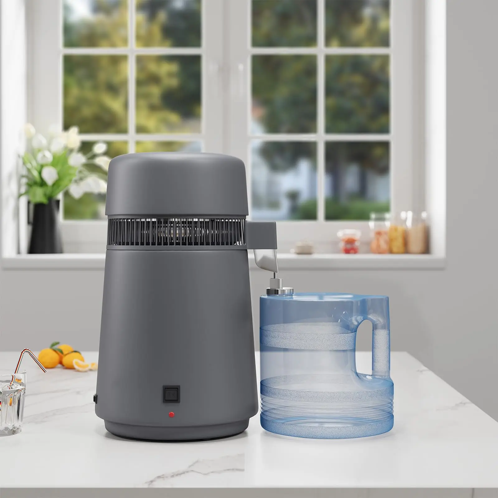Garvee 750W Stainless Steel Countertop Water Distiller for Home - 4L/1Gal Capacity, Purifies Drinking Water, Includes Glass & Plastic Jugs - Gray
