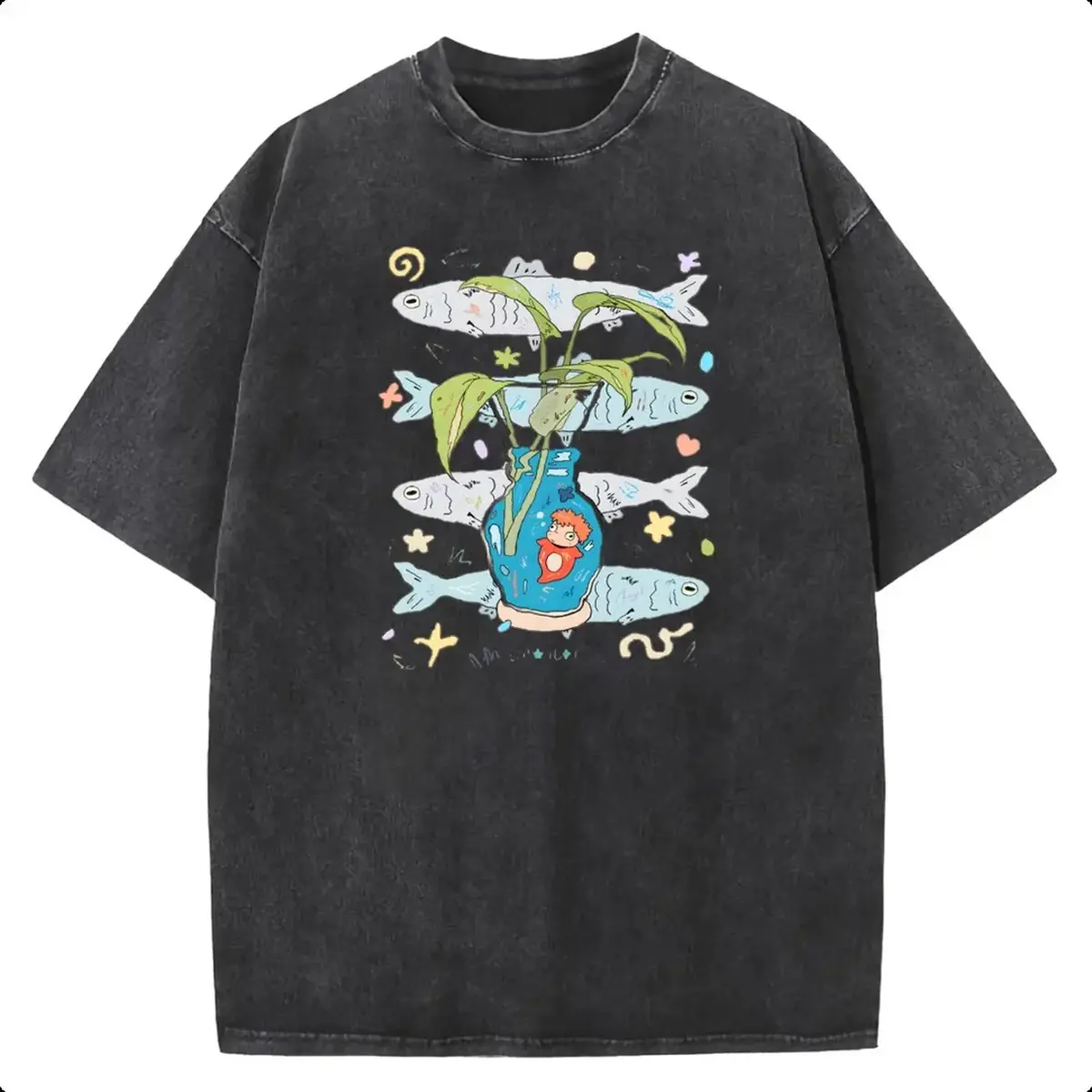 Holafish Ponyo Vase Fish Pattern Acid Wash Graphic Tee vtg shirt Heavyweight Cotton Streetwear Crewneck Casual Vintage Top for Men Women