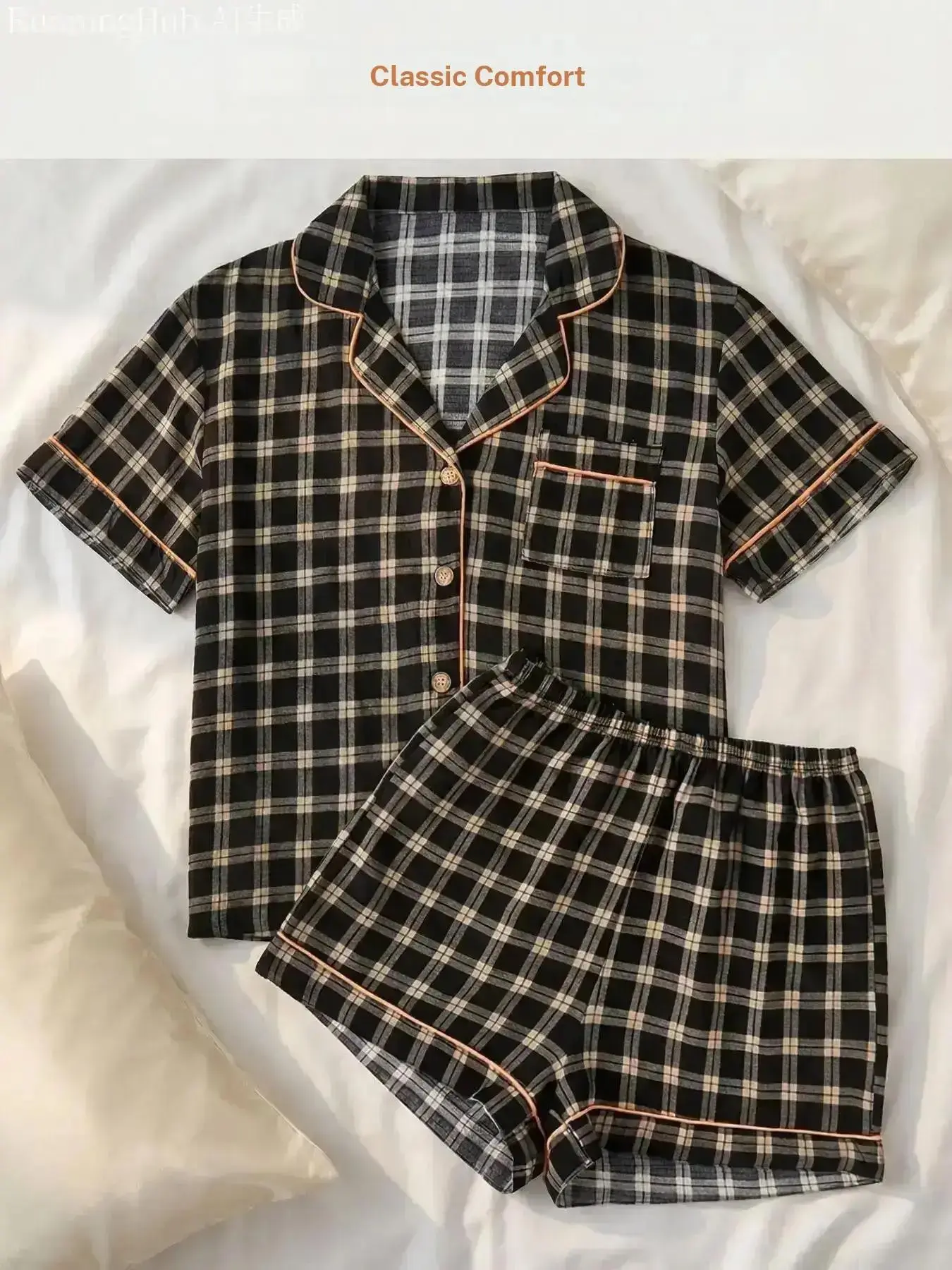 Two-piece women's pajamas set, featuring a checkered pattern print for outer wear, with soft fabric, comfortable lapel button short-sleeved top and loose elastic shorts, a two-piece set of home wear for women