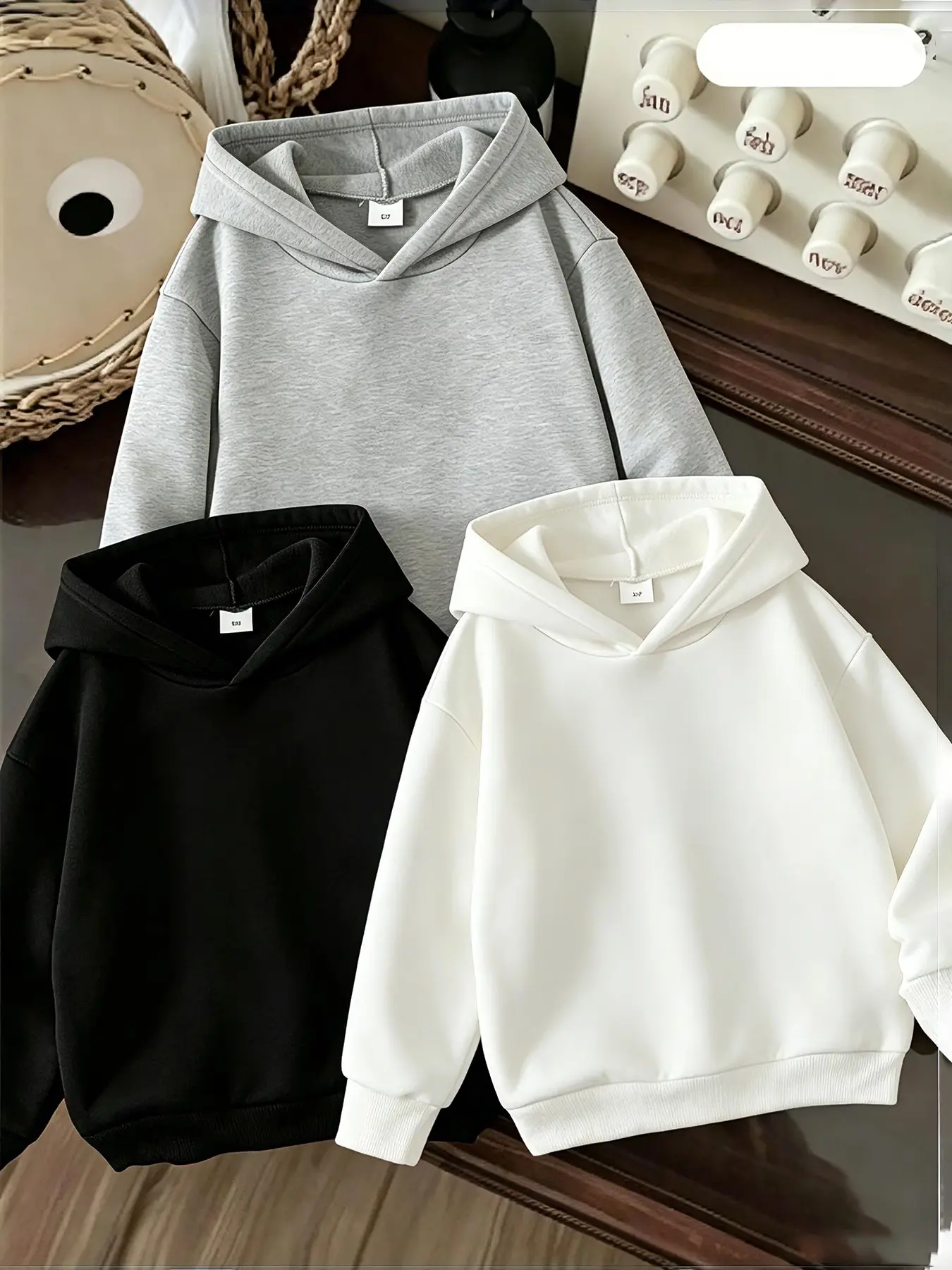 Solid Color Hooded Sweatshirt, Unisex Kids Spring Fall Basic Pullover, Loose Fit Drawstring Neckline, Casual Streetwear Style, Casual Hooded Sweatshirts