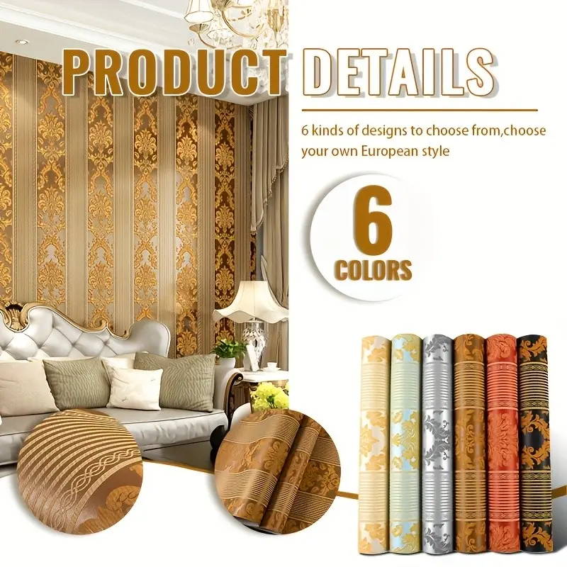 Non-Stick European Non-Woven Wallpaper, Need Glue, Bedroom Living Room TV Background, Custom Cut, 3D Vertical Stripes, Luxury Decor, High Quality