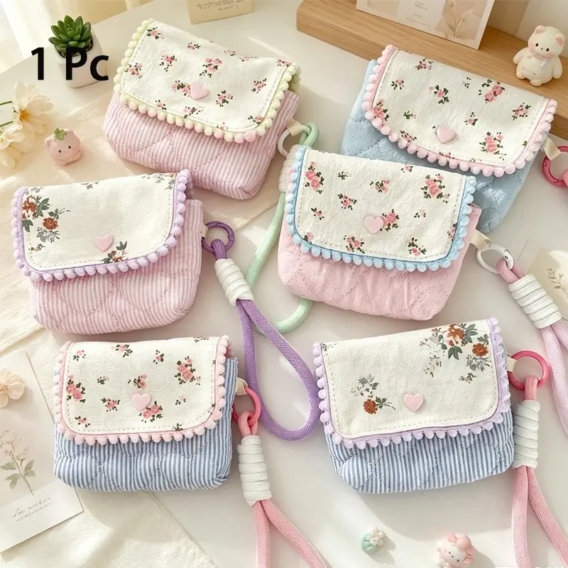 1pc Ditsy Floral Small Items Storage Bag with Strap Lightweight Travel Coin Wallet Soft Quilted Design CCD Protection Case Pink and Blue Striped Earphone Case Anti-fall and Anti-knock Portable and Compact Travel Bag Suitable for Daily Use Travel
