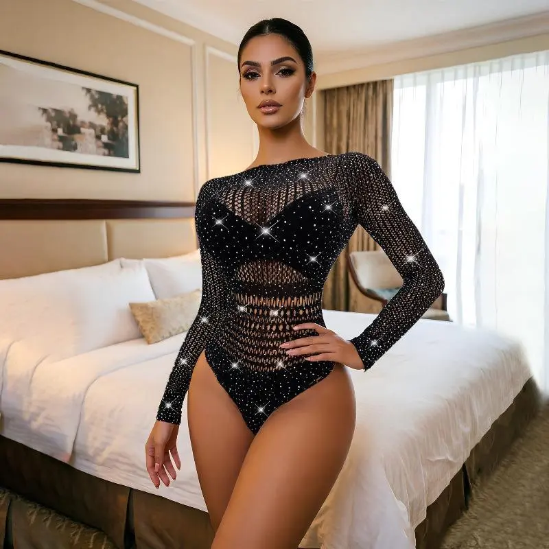 Women's Backless Long-Sleeve Basic Bodysuit - Full Rhinestone, Hollow Sheer Mesh, Chic Cute Design for Nightclub, Business, Casual Occasions, Women's Clothes, Lady, Bodysuit For Women