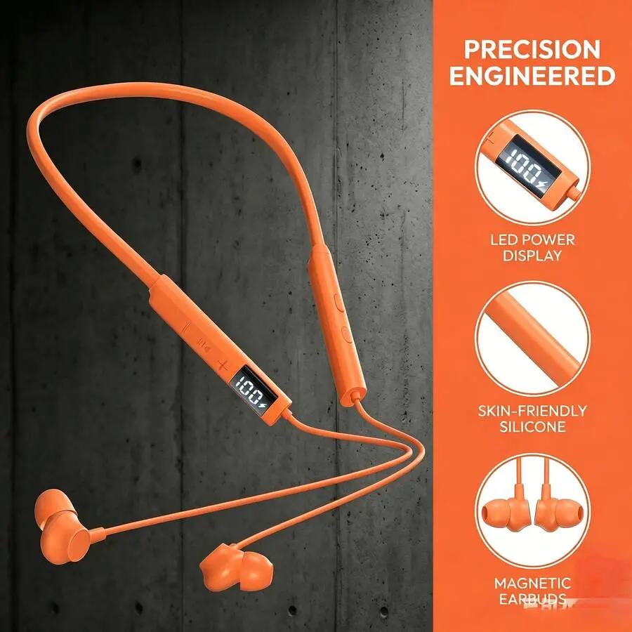 Orange Neckband Wireless Earphones With Digital Display Long Battery Life Comfortable Fit Daily Workout