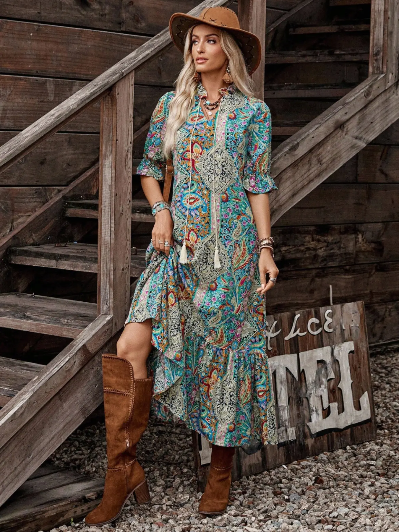 Women's Bohemian Style Printed Mid-Sleeve Dress,Ladies Boho Fringe,Ruffle Hem Half Sleeve Tie Neck Loose Long Multicolor Flounce Sleeve All Over Print,Paisley Smock Women Long Dresses,Spring/Fall,Boho Chic Style Casual Daily Wear Maxi Women Outfit