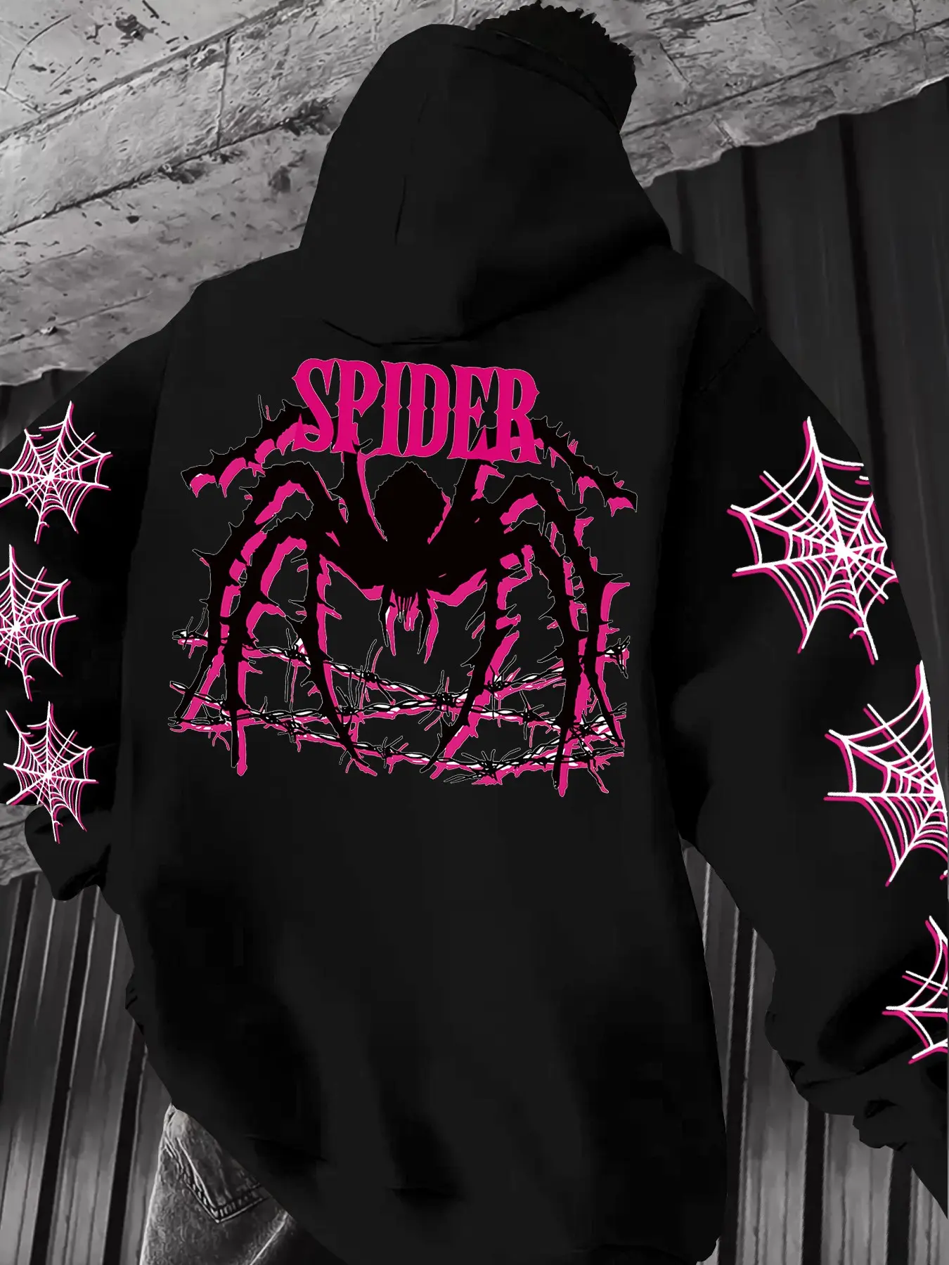 Dark Sweet Cool Spider Web Illustration Gothic Hoodie, Heavyweight Streetwear Casual Sweatshirt, Long Sleeve Loose Fit Pop Art Print