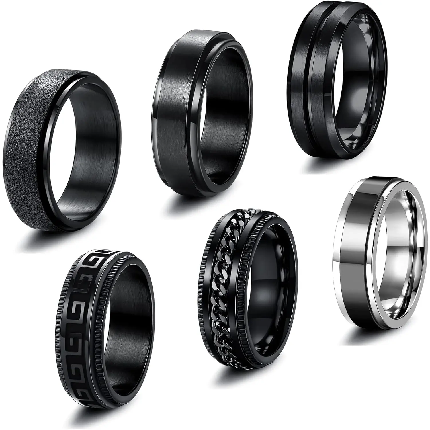 6Pcs Men Rings, Stainless Steel Twist Chain Spinner Rings, 8MM Cool Black Vintage Celtic Rings, Black Band Wedding Promise Ring Set for Men