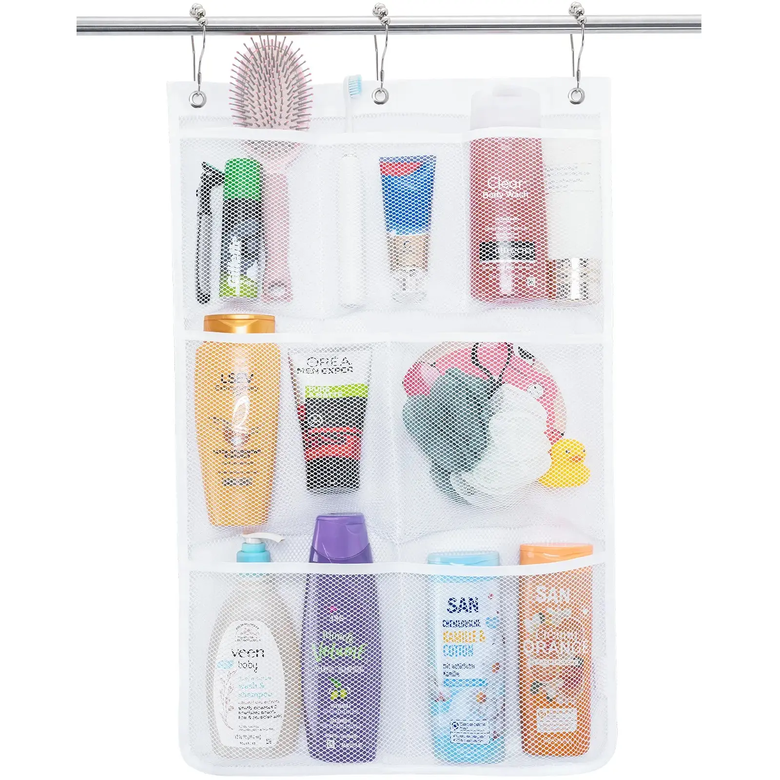 🛁 Portable Shower Tote Bag ｜ Mesh Hanging Caddy with 7 Pockets for Bathroom, Dorm Room, and Travel Use