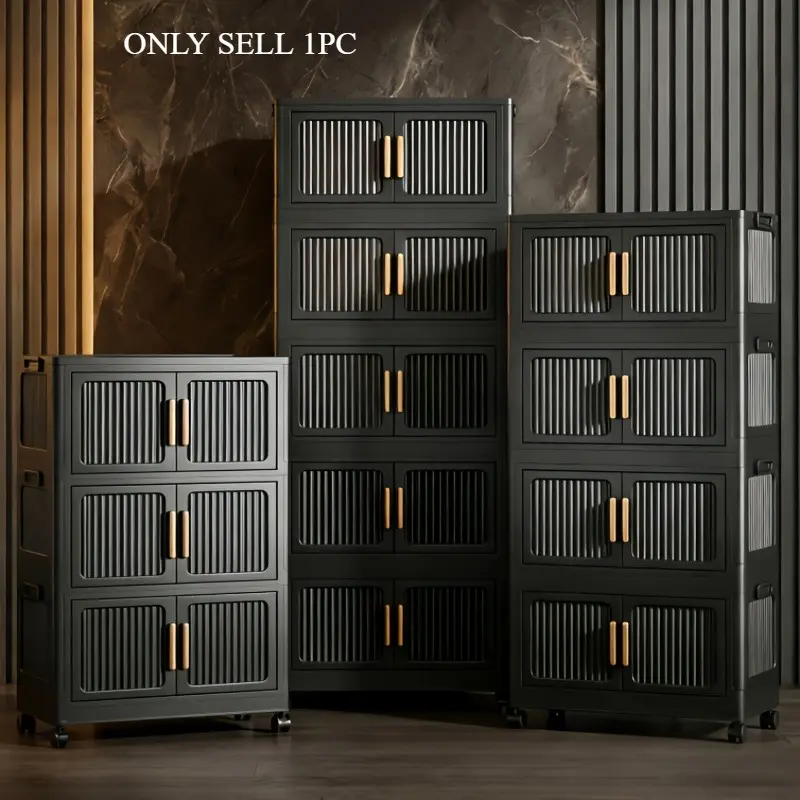 Multi functional large capacity foldable storage cabinet, tool free installation, with magnetic suction door and wheel storage box, moisture-proof and dustproof, 3/4/5/6 layer stackable organizing cabinet, suitable for living room, bedroom, kitchen