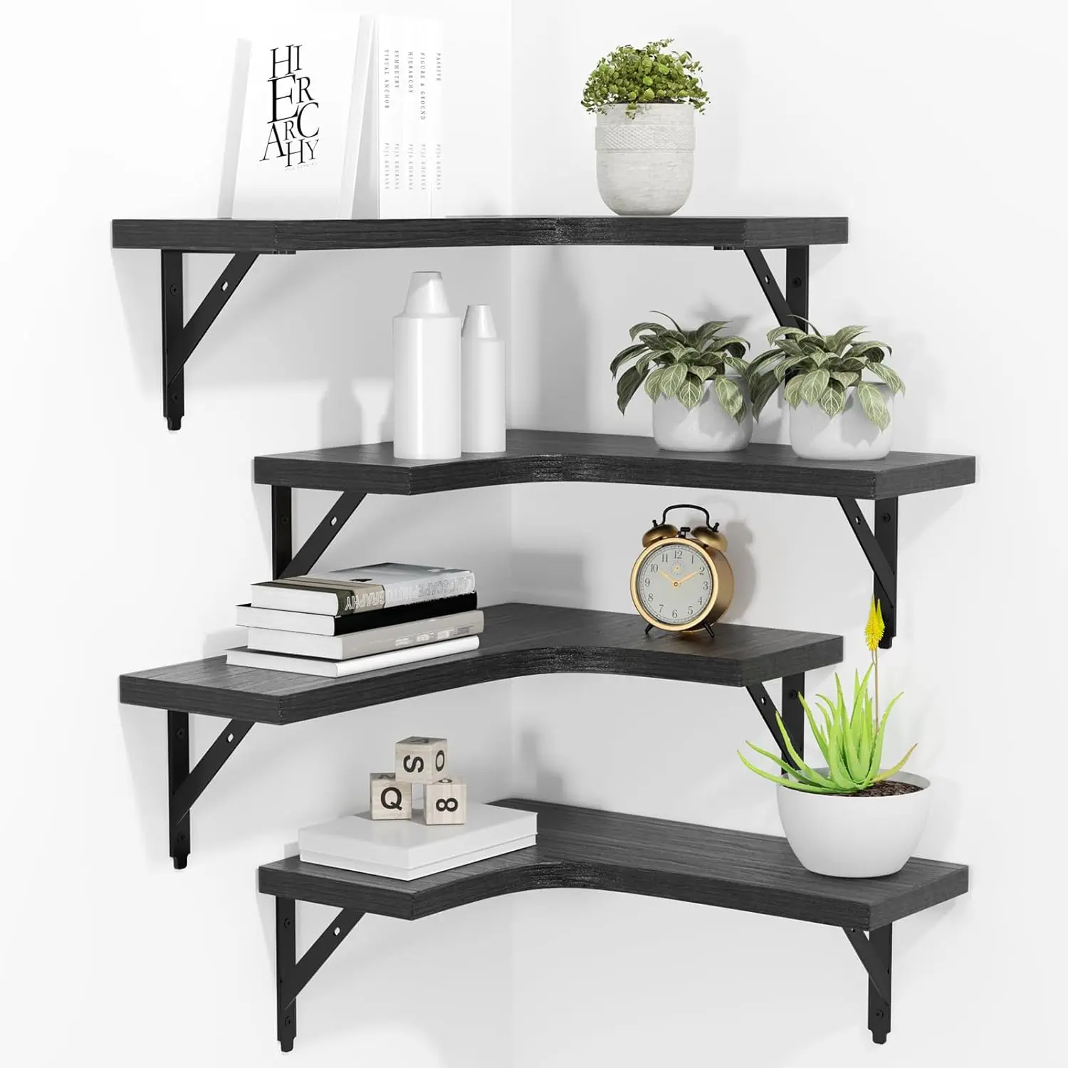 Corner Floating Shelves Wall Mounted Set of 4, Rustic  Storage Display Shelves for  Decor, Bathroom, Kitchen, Bedroom, Living Room, Office (Black)