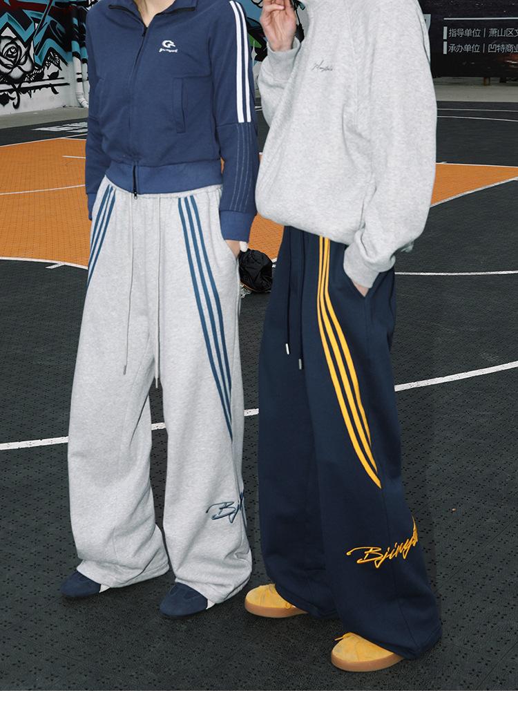 YYK Brand: Men's American Retro Casual Pants - 3-Stripe Design with 3D Waistband Trim; Spring/Autumn Straight-Leg, Loose-Fit Athletic Sweatpants