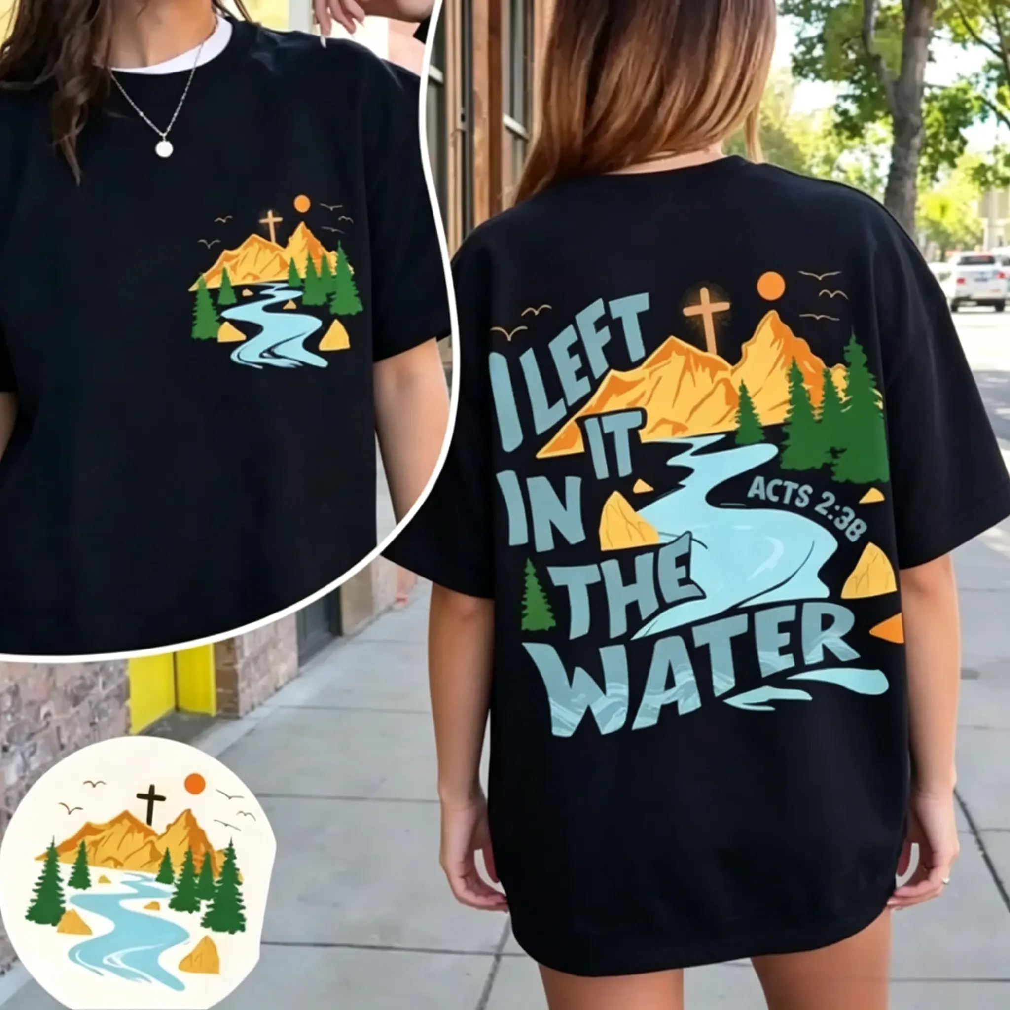 Women's T-Shirt, Casual Fitted Long Sleeve Christian Graphic Top, I Left It In The Water Double Sided Design, Round Neck, Tshirt