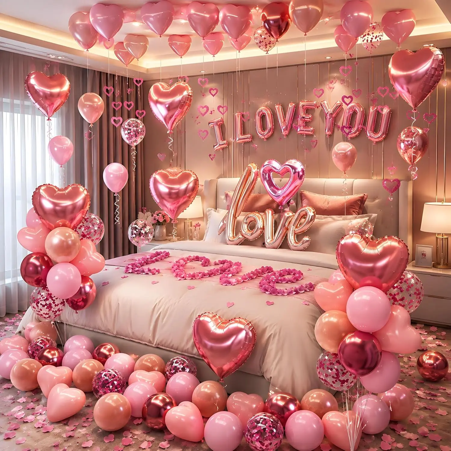 Romantic Balloon Set with Heart Design, Aluminum Foil Balloons, Rose Petals, Hotel Decor, Valentine's Day Party, Wedding Anniversary Gift, Balloon Decoration
