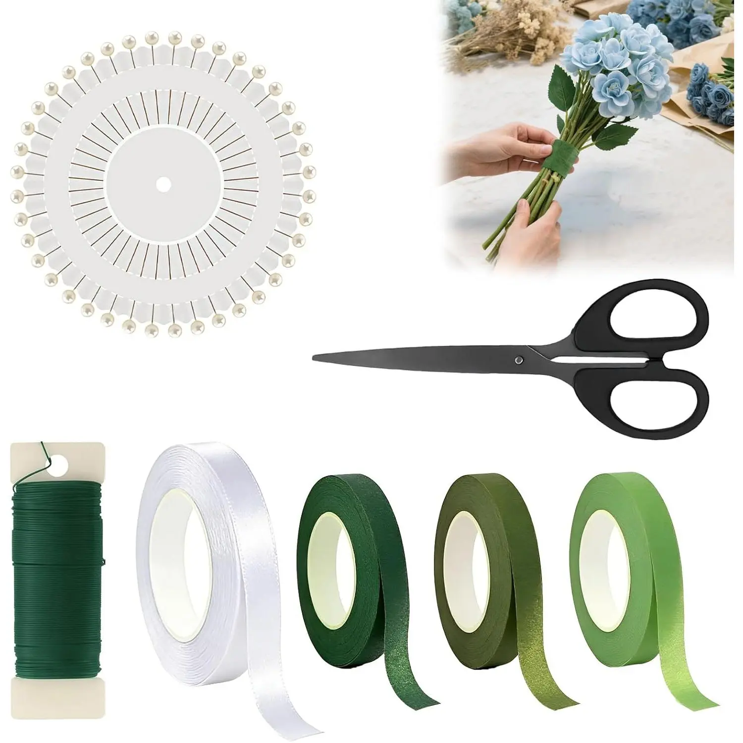 7-Count DIY Floral Arrangement Kit - Home Decor Crafting Supplies with Green Tape, Boutonniere Flower Pins, Wire for Easy Use, Bouquet Tools