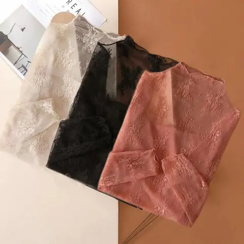 Women's 2-3 Pack Elegant Lace Longsleeves Tops - Polyester Blend, Chic Solid, Semi-Sheer, High Stretch, Contrast Lace Detailing, Collared, Machine Washable Dressy Blouses for Sports & Outdoor Activities, Women's Tops