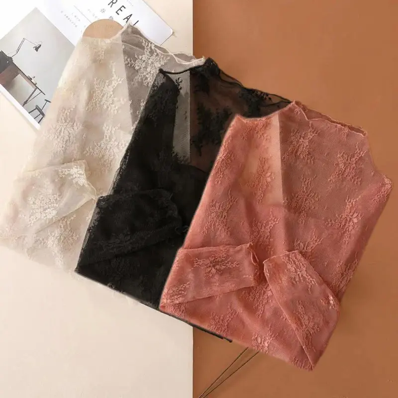 Women's 2-3 Pack Elegant Lace Longsleeves Tops - Polyester Blend, Chic Solid, Semi-Sheer, High Stretch, Contrast Lace Detailing, Collared, Machine Washable Dressy Blouses for Sports & Outdoor Activities, Women's Tops