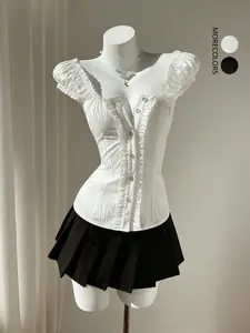 Women's Summer Blouse Top, Blouse Shirts, Sweet Style Fitted Shirt with Wooden Trim & Single Button Closure, Slimming Design for Casual Wear
