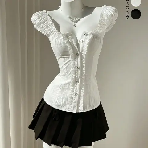 Women's Summer Blouse, Sweet Style Fitted Shirt with Wooden Trim & Single Button Closure, Slimming Design for Casual Wear