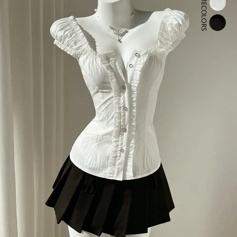 Women's Summer Blouse, Sweet Style Fitted Shirt with Wooden Trim & Single Button Closure, Slimming Design for Casual Wear