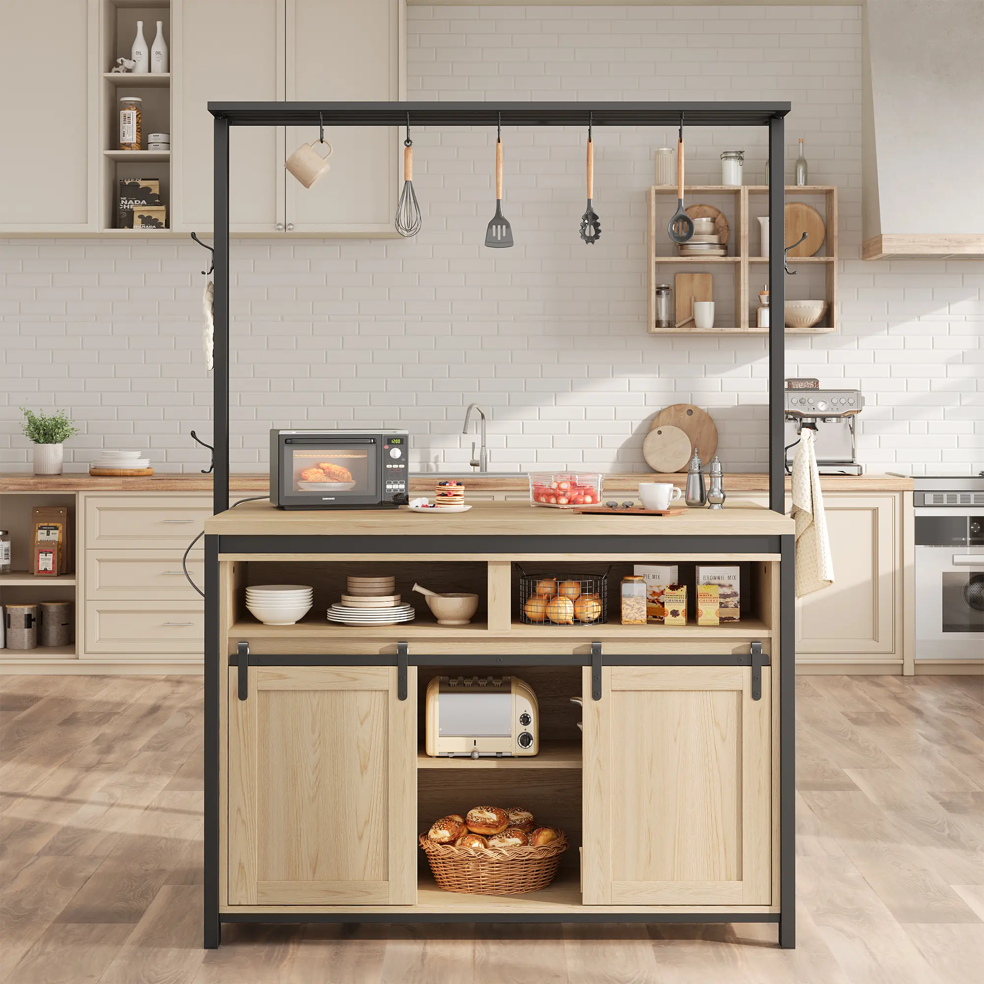 42x24x72" Natural Wood Kitchen Island Table - Kitchen Prep Station with Charging Station, Sliding Barn Doors, Multi-Tier Storage Shelves, S-Hooks, Side Hooks & Sturdy Iron Frame Coffee Bar