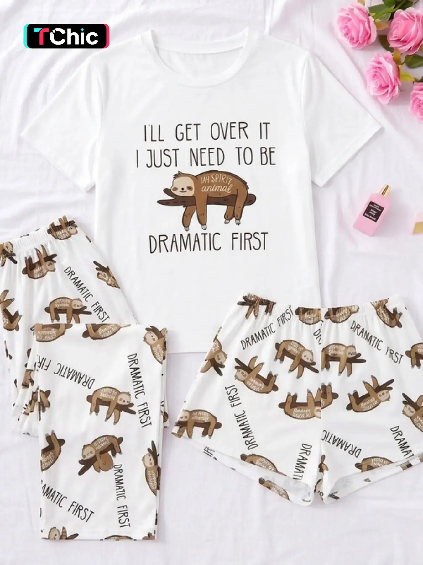 Three-Piece Set Women's Cute Cartoon Sloth Print Tee & Shorts & Pants Pyjama Set, Casual Comfy Crew Neck T-Shirt & Shorts & Trousers PJ Set, Summer Clothes Women, Summer Outfits 2024, Pajamas Lounge Set, Loungewear, Pajamas Sets, Printed Pajama Set